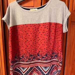 Rewind Grey and Red/Coral Patterned Short Sleeve Tunic